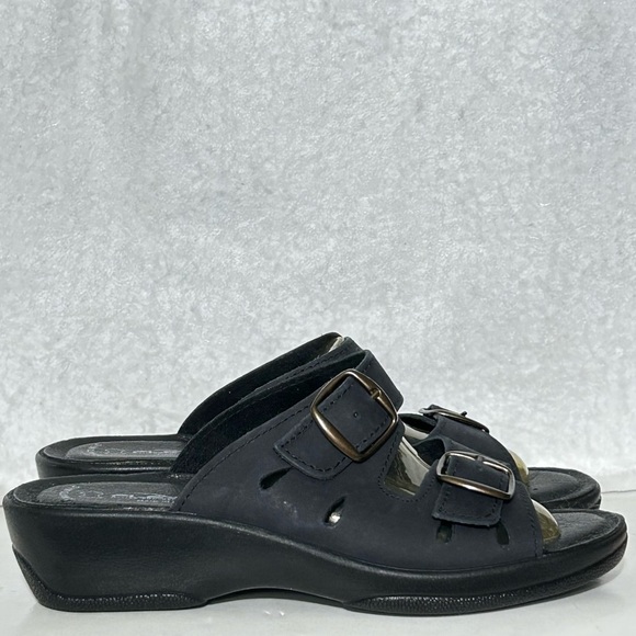 Flexus Womens Black Decca Leather 2-Strap Slide Wedge Sandals SZ EU 39 US 8.5 - Picture 1 of 12